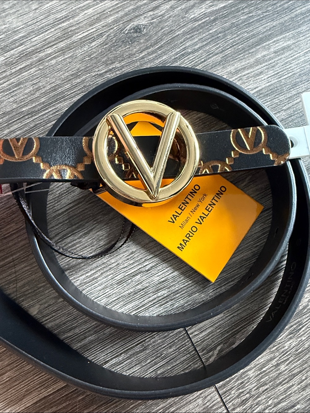 Valentino Black Leather Belt with Gold V Buckle and Logo Print